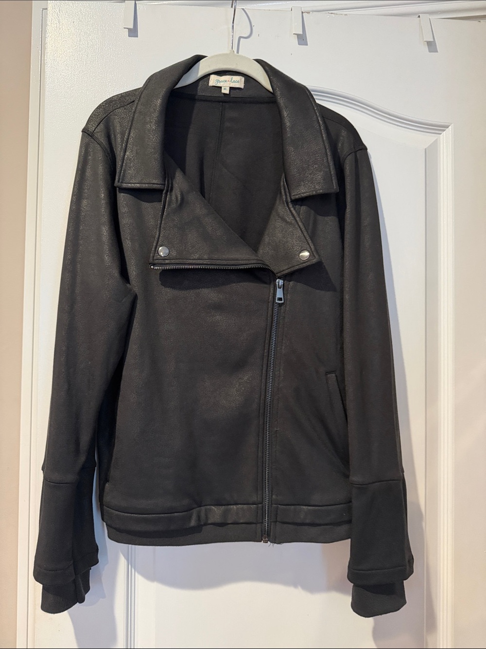 Black Moto-Style Asymmetric Zip Jacket-XL
